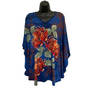 Quacker Factory Chrysanthemum Floral V-Neck Caftan Top Blue Orange Sz S
